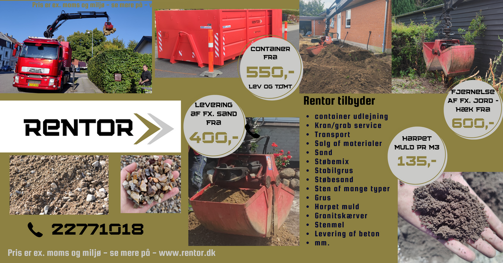 Container - Tilbud - Rentor - Sand - Støbemix - Muldjord - Silkeborg - Århus - Aarhus - City container - Lille lastbil - Udlejning - Stabilgrus - Støbesand - Støbemix - Affald til sortering  